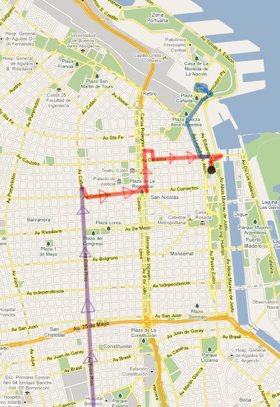 My Thursday expedition in my painfully small shoes with all my belongings (three bags) to find the bus to La Plata: Took the No. 37 (purple) from Lanús to Corrientes, walked (red) to the usual stop seven blocks down, but when the road was closed, I had to guess where it might stop instead... with the help of Damian via phone, I determed the No. 129 should stop at Madero... after two hours there, I took a taxi (blue) with a girl up to Retiro and finally found the bus. 2011-03-24.jpg