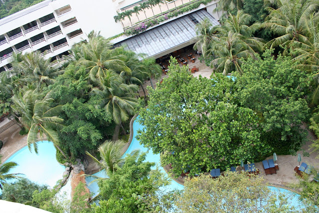 a pool surrounded by trees