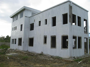 The east side. The bottom left three windows are kitchen windows.