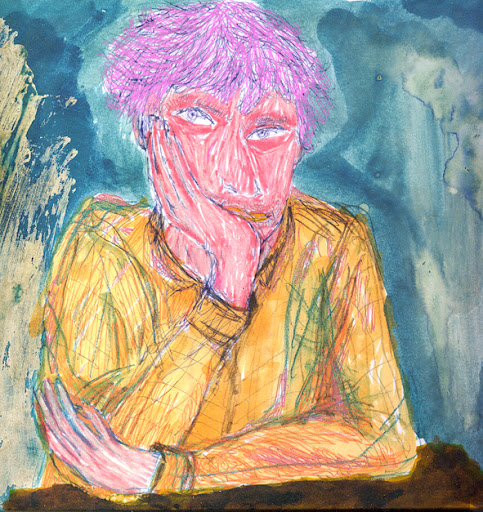 self portrait as critical thinker (2004 ~ 20 x 20 cm ~ mixed technique on paper)