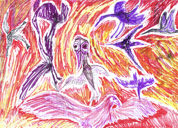 8 birds 4 fish (2007 ~ 21 x 30 cm ~ kleurpotlood, inkt, stift, tippex op papier)