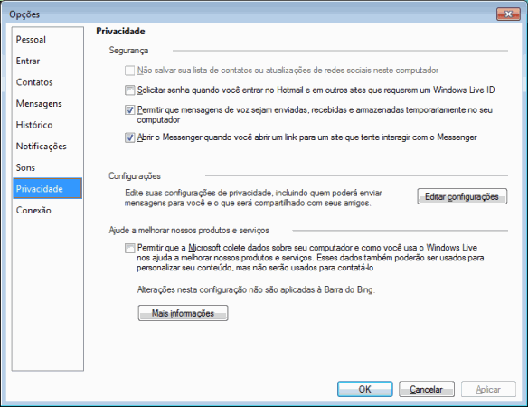 Windows Live Messenger 2011 - Opções, Provacidade Windows Live Messenger 2011 - Opções, Provacidade