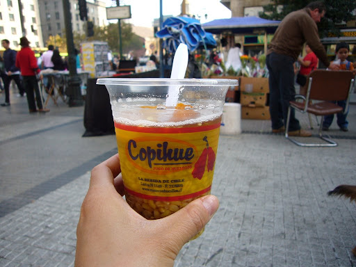 Mote con huesillo: the street drink of choice in Santiago.  Peach juice, some peach pieces and wheatberries