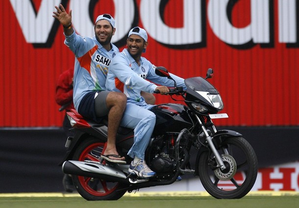 Captain Cool Dhoni in a bike with Yuvraj Singh Captain Cool Dhoni in a bike with Yuvraj Singh
