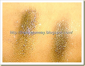Swatches of sun shower with eye eyeshadow, lagoon glitter, moonshine with eyeshadow in black with gulit glitters