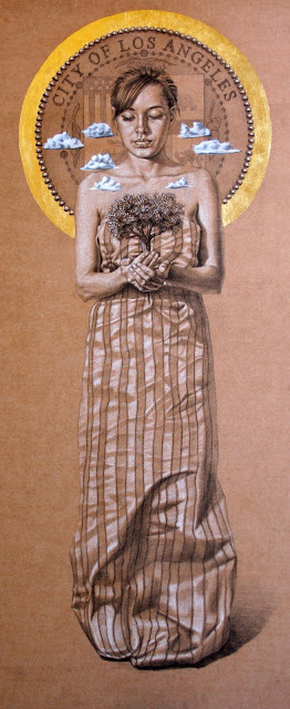 Original Drawing from the "Prometheus" series 24X48 Charcoal-withe chalk and gold leaf
