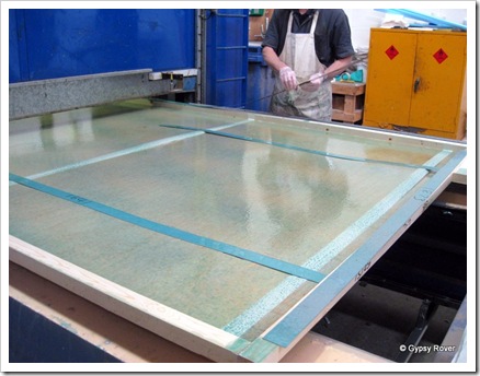 This side panel has been sprayed with glue and galvenised strips placed where the furniture is to be attached. This side panel has been sprayed with glue and galvenised strips placed where the furniture is to be attached.