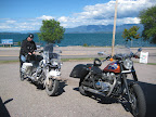 Neil gears up (actually down) at Betty's Diner, Polson, MT, south end of Flathead Lake.