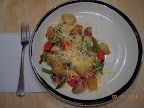 Rosemary roasted potatoes - with asparagus, red bell pepper, and mushrooms, sprinkled with grated cheddar