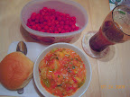 Summer supper - wild raspberries, ratatouille made with homegrown vegetables and herbs - sweet!
