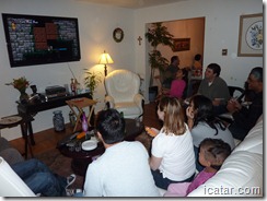 After eating, everyone is glued to the TV video games.