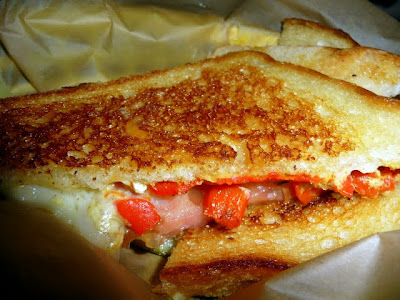 The Hot Brie, Melty Brie, Red Peppers, Tomato, and Spicy Mustard on Sourdough, Grilled Cheese Grill, Portland Oregon, food truck, grilled cheese, bus