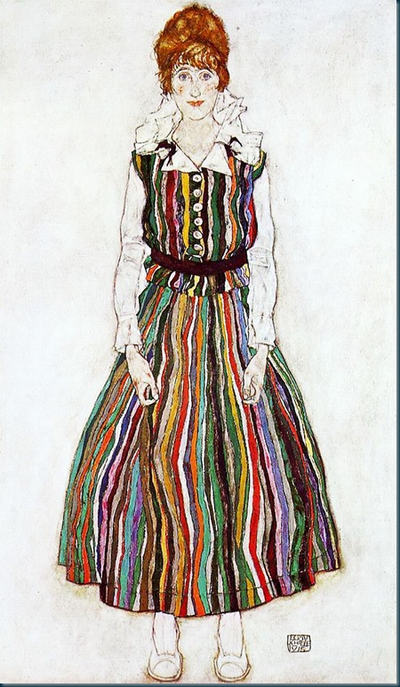 Schiele - portrait of edith schiele in a striped dress -  1915