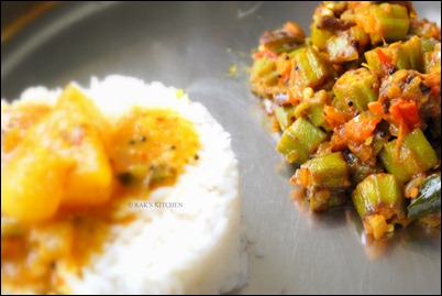 Vendakkai Curry with sambar and rice