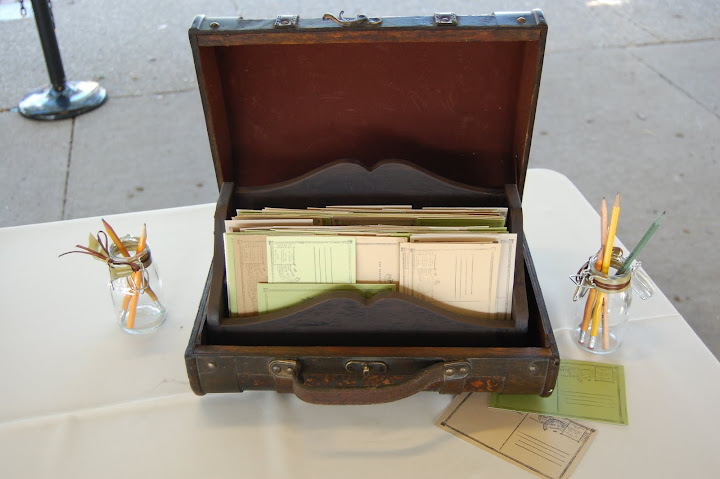 Postcard guest book in vintage suitcase