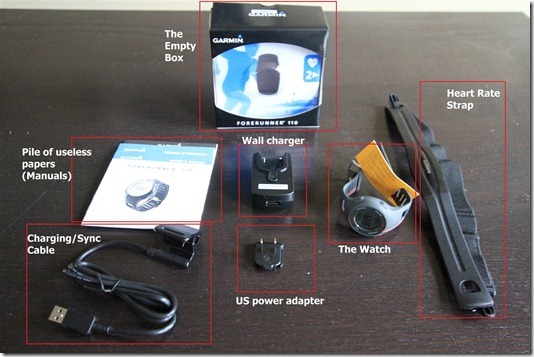 Garmin FR110 Unpacked Box Shot with labels