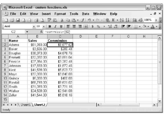 Using the Commission function in a worksheet.