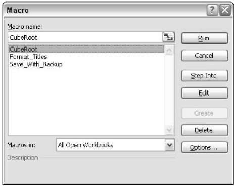 The Macro dialog box lists all available Sub procedures.