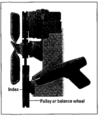 Timing marks on the crankshaft pulley of a vehicle.