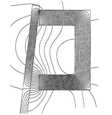 Magnetic flux lines illustrated by a finite element solution flux-line plot on a U-shaped magnet. 