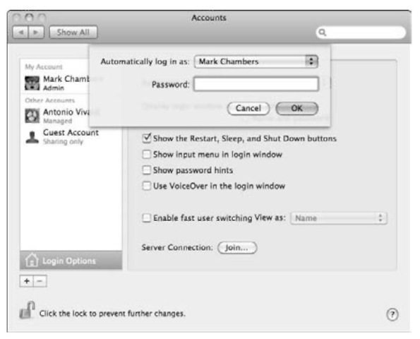 Configuring Automatic Login from the Accounts pane.