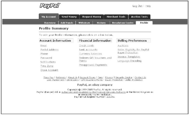 The PayPal Member profile page.