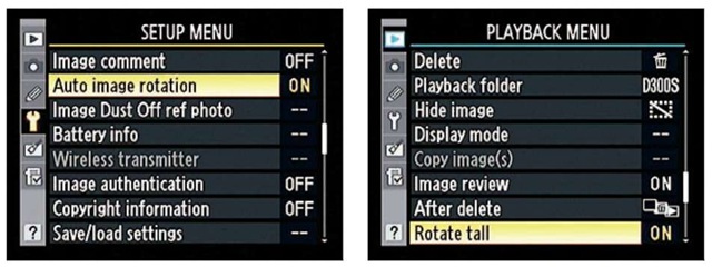 Visit the Setup and Playback menus to enable or disable image rotation.