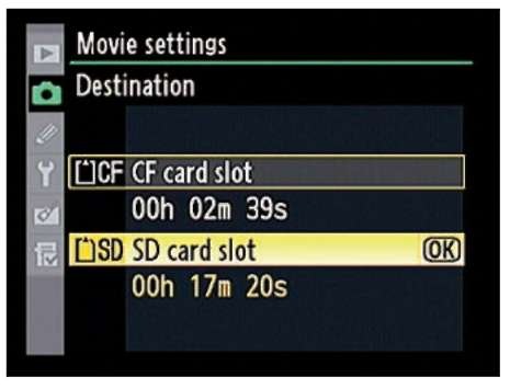 If you have two memory cards installed, use this option to select the card where the movie will be stored.