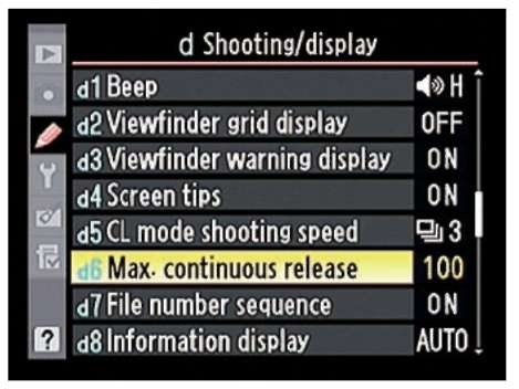 This option limits the number of shots recorded with each press of the shutter button in the Continuous Low and Continuous High modes.