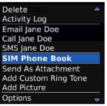 The Contacts menu, showing the SIM Phone Book option.