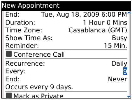 An appointment recurring every nine days.