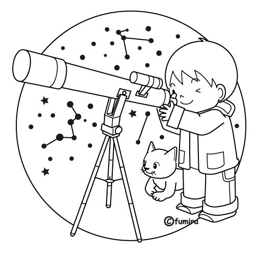 Niño viendo las estrellas con telescopio para colorear