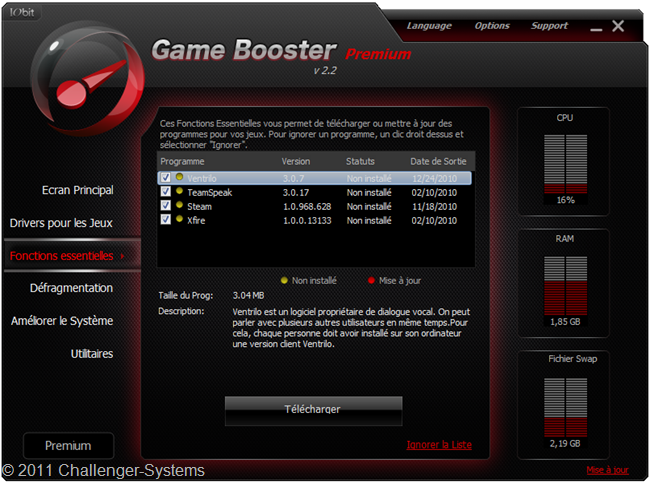 GameBooster 2.2 Fonctions