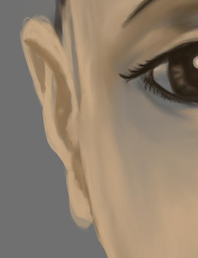 With light colour, outline the portrait painting side lighting. With light colour, outline the