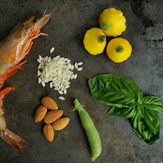 Shrimp and Sugar Snap Pea Risotto with an Almond-Basil Pesto