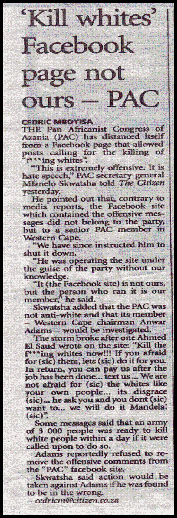 Kill whites Facebook page not ours claims PAC Feb262010 Citizen