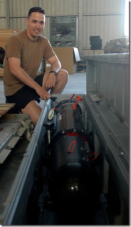 27p na       
enw26sig

SIGONELLA, SICILY

13 March 09

Sandra Jontz/Stars and Stripes

Petty Officer 1st Class Michael Beauregard, a sonar technician stationed in Sigonella, Sicily, crouches next to one of three sidescan sonar unmanned underwater vehicles he and two other sailors with Area Search Platoon 804, a support element to Explosive Ordnance Disposal Team Mobile Unit-8, will take to Uganda to help search for a downed cargo plane that crashed into Lake Victoria on Monday, killing 11 on board. 

