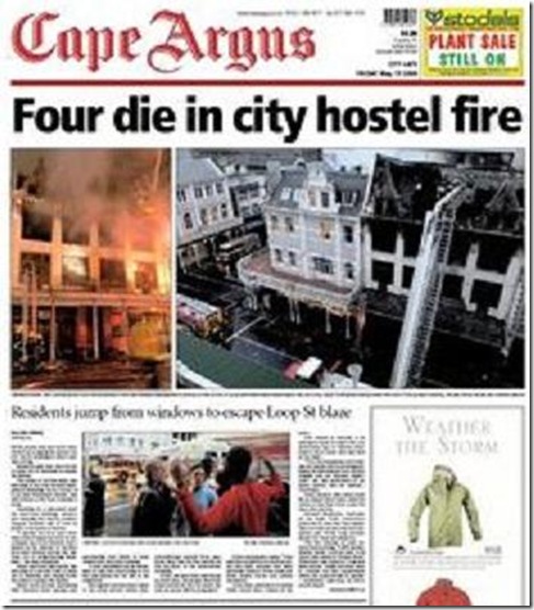 FourDieInCapeTownHostelFireCapeArgusFrontPageMay152009