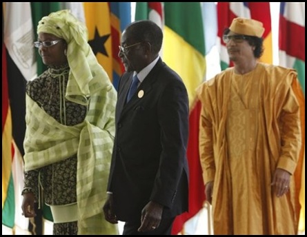 Grace and Robert Mugabe with Libyan leader Muammar Gadhafi King of Africa SirteJuly12009