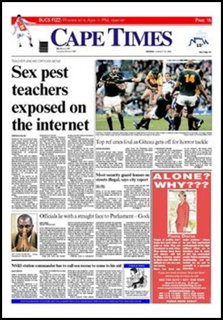 Sex Pest Teachers exposed on Internet Cape Times Aug 10 2009 fp