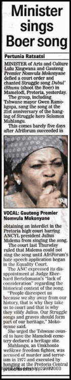 ANC Minister sings Shoot boer song April62010 Pretoria Mamelodi