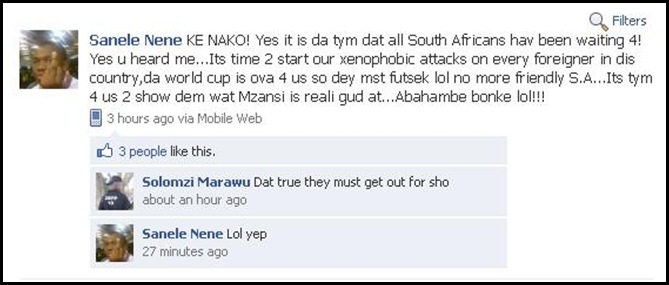 Nene Sanela TimeToStartOurXenophobicAttacksEveryForeignerJune172010Facebook