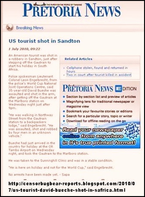 Bueche David 35 US tourist shot injured Santon Gauteng train July 1 2010
