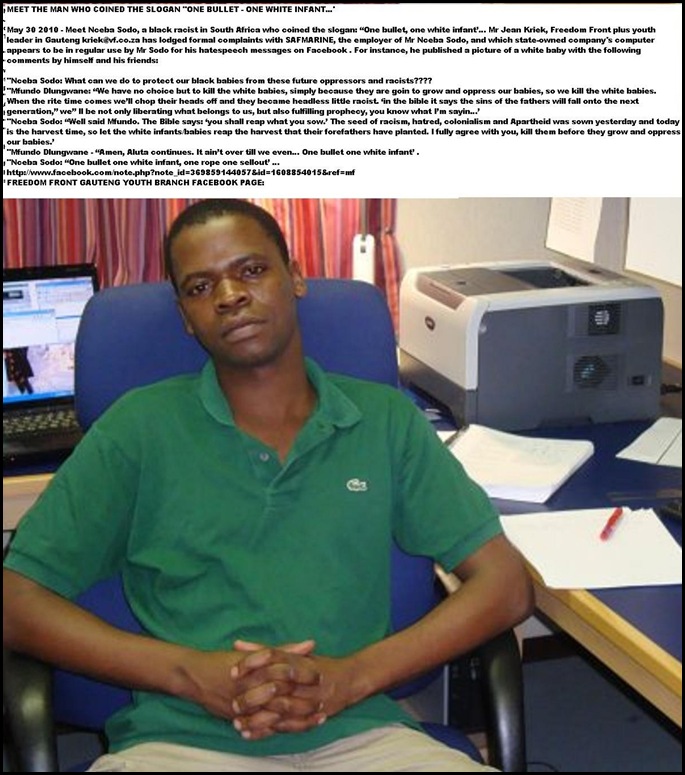 Sodo Nceba Safmarine employee PE wrote One Bullet One White Infant May302010 HisFacebook (2)