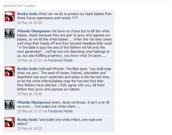 [Sodo Nceba One Bullet One White Infant hatespeech FacebookMay252010 at 19_25[5].jpg]