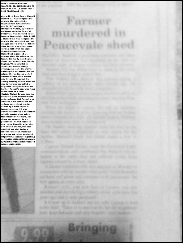 Walford Russell Murdered July 4 2010 PEACEVALE KZN HighwayMailFrontPage