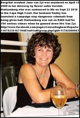 Van Zyl Jane murdered April 13 2008 Bergvliet driveway by Gershwin Hartzenberg life sentence