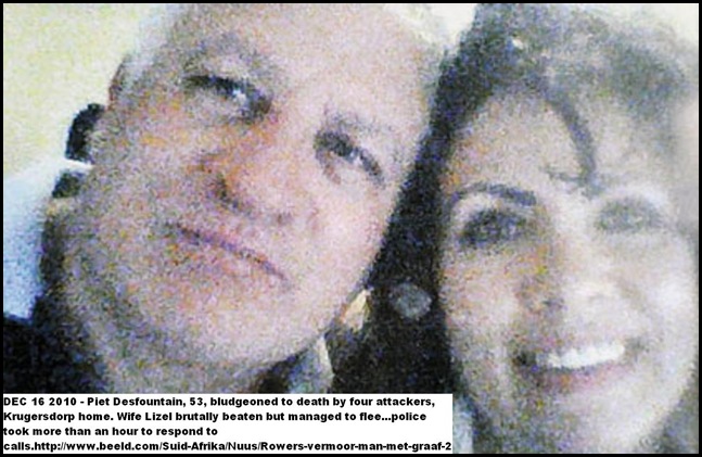 Desfountain Piet killed Krugersdorp Dec162010  wife Lizel survives attack