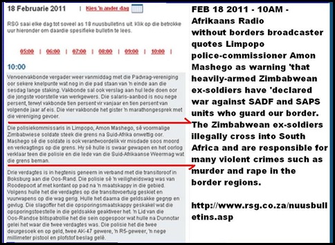 ZIMBABWEAN EXSOLDIERS DECLARE WAR ON SADF SAPS CROSS BORDER FOR CRIME