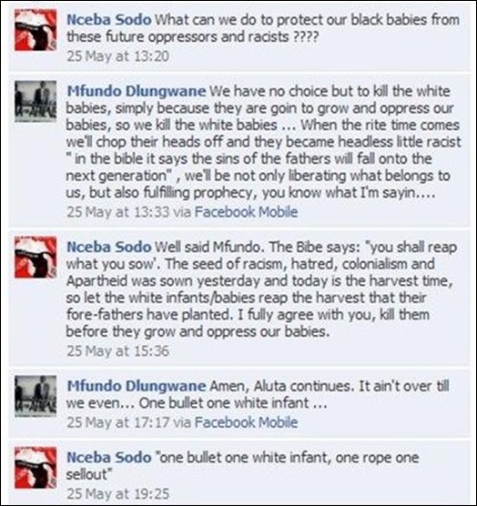 ONE BULLET ONE WHITE INFANT Sodo Nceba hatespeech FacebookMay252010A